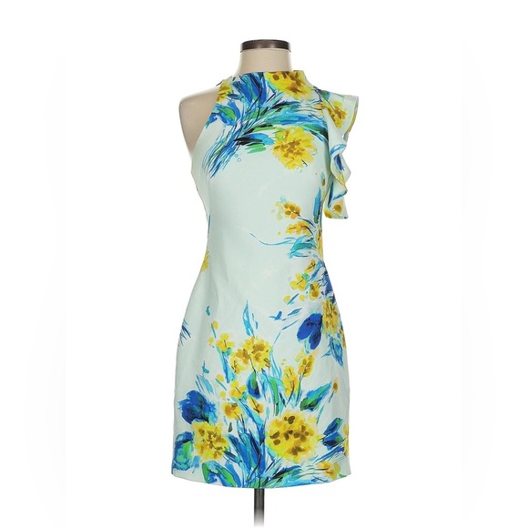 Black Halo / Pabla Sheath Dress Ruffled Floral Print tropical mini 2 - Picture 6 of 8